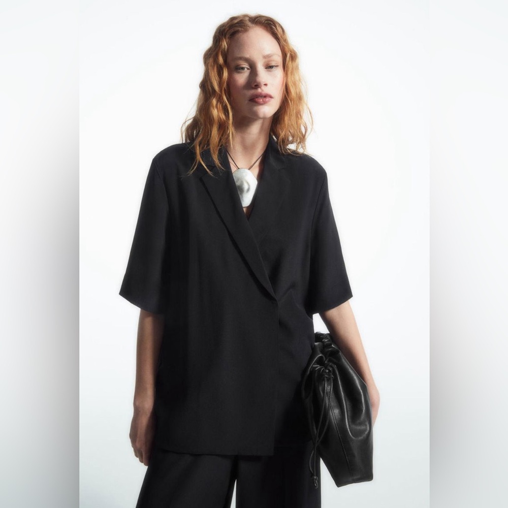 COS black short sleeved silk blazer top size 2